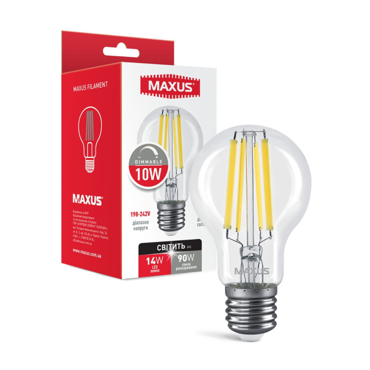 Лампа світлодіодна філаментна A60 FM 10W 4100K 220V E27 Clear DIM · MAXUS · maxus-1-mfm-765