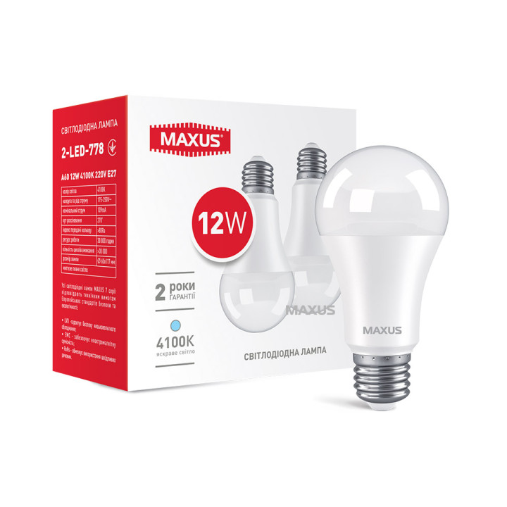 Лампа світлодіодна A60 12W 4100K 220V E27 (2шт) · MAXUS · lampa-svitlodiodna-a60-12w-4100k-220v-e27-2sht-2-led-778
