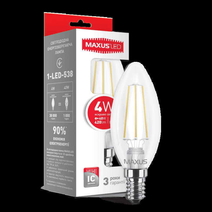 Лампа світлодіодна філаментна MAXUS C37 4W тепле світло E14 (1-LED-537-01) · MAXUS · led-lampa-maxus-filament-c37-4w-teple-svitlo-e14-1-led-537-01