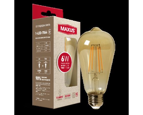 Лампа світлодіодна філаментна MAXUS арт деко ST64 7W 2200K E27 Amber
