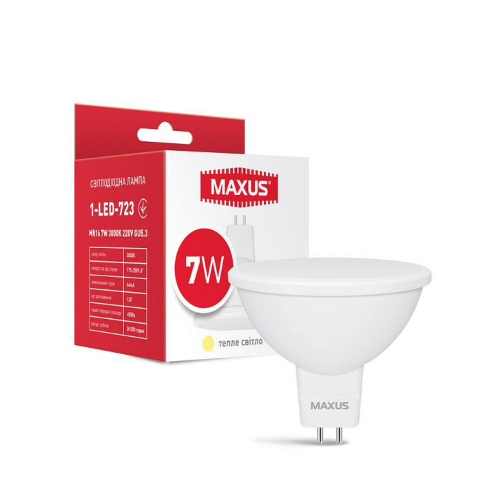 Лампа світлодіодна MAXUS 1-LED-723 MR16 7W 3000K 220V GU5.3 · MAXUS · lampa-svitlodiodna-maxus-1-led-723-mr16-7w-3000k-220v-gu5-3