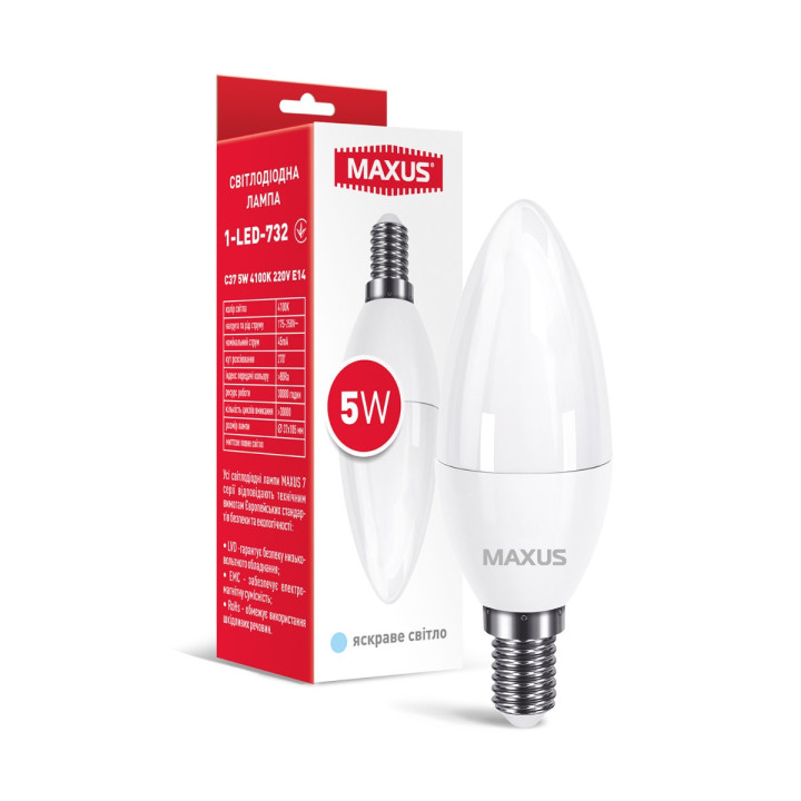 Лампа світлодіодна MAXUS 1-LED-732 C37 5W 4100K 220V E14 · MAXUS · lampa-svetodiodnaja-maxus-1-led-732-c37-5w-4100k-220v-e14
