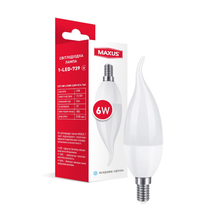 Лампа світлодіодна MAXUS 1-LED-739 C37 6W 4100K 220V E14 Tail · MAXUS · maxus-1-led-739
