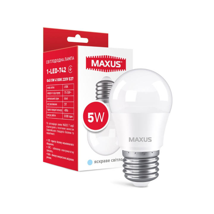 Лампа світлодіодна MAXUS 1-LED-742 G45 5W 4100K 220V E27 · MAXUS · lampa-svetodiodnaja-maxus-1-led-742-g45-5w-4100k-220v-e27