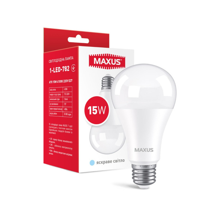 Світлодіодна лампа MAXUS 1-LED-782 A70 15W 4100K 220V E27 · MAXUS · lampa-svetodiodnaja-maxus-1-led-782-a70-15w-4100k-220v-e27