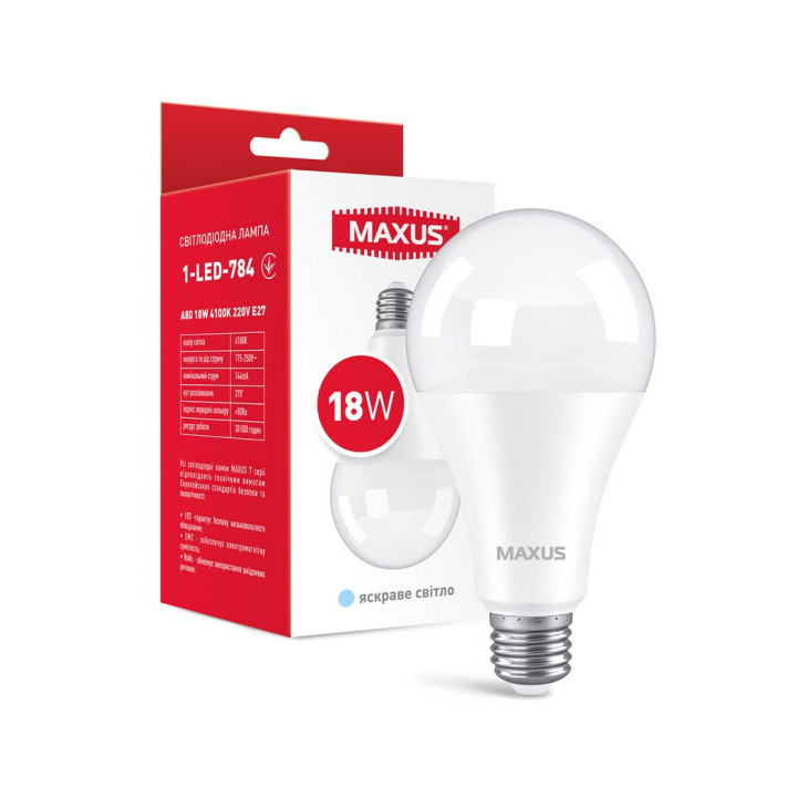Світлодіодна лампа MAXUS 1-LED-784 A80 18W 4100K 220V E27 · MAXUS · led-lampa-maxus-a80-18w-4100k-220v-e27-1-led-784