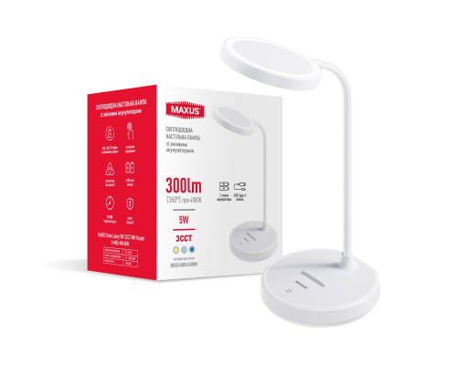 Світлодіодна настільна лампа зі змінним акумулятором MAXUS Desk Lamp 5W 3CCT WH Round