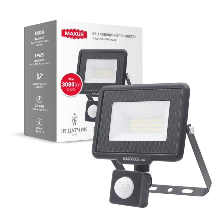 Світлодіодний прожектор з датчиком руху MAXUS FL-04 30W 5000K sensor · MAXUS · prozhektor-maxus-fl-04-30w-5000k-sensor-1-mfl-04-3050s