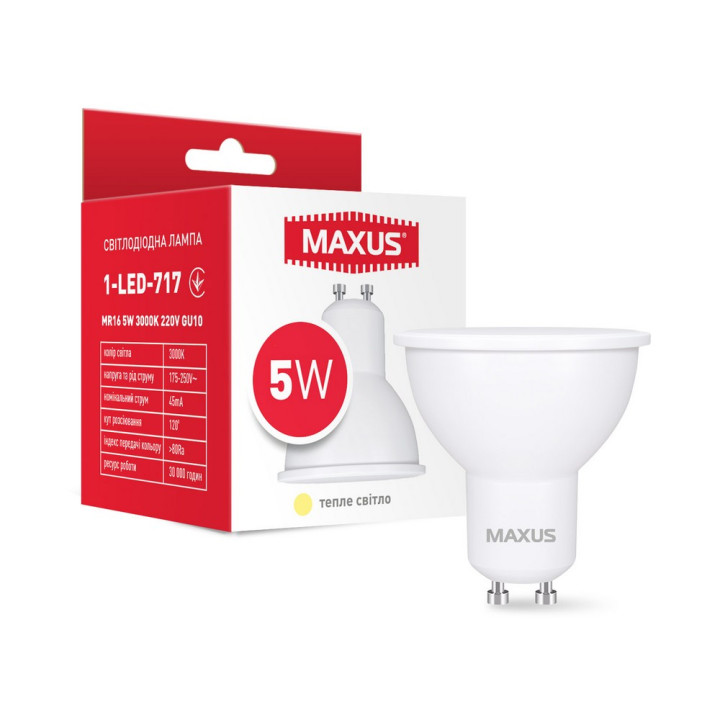 Лампа світлодіодна MAXUS 1-LED-717 MR16 5W 3000K 220V GU10 · MAXUS · 1-LED-717