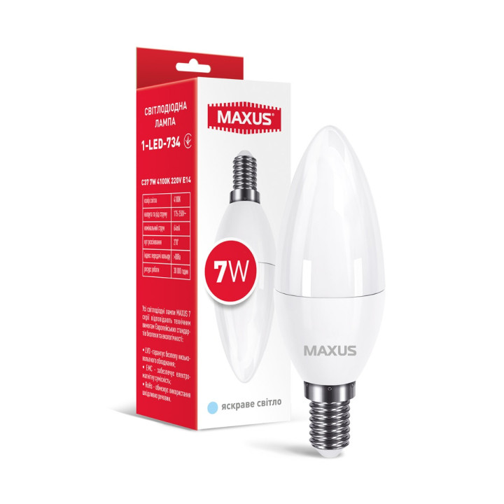 Лампа світлодіодна MAXUS 1-LED-734 C37 7W 4100K 220V E14 · MAXUS · 1-LED-734