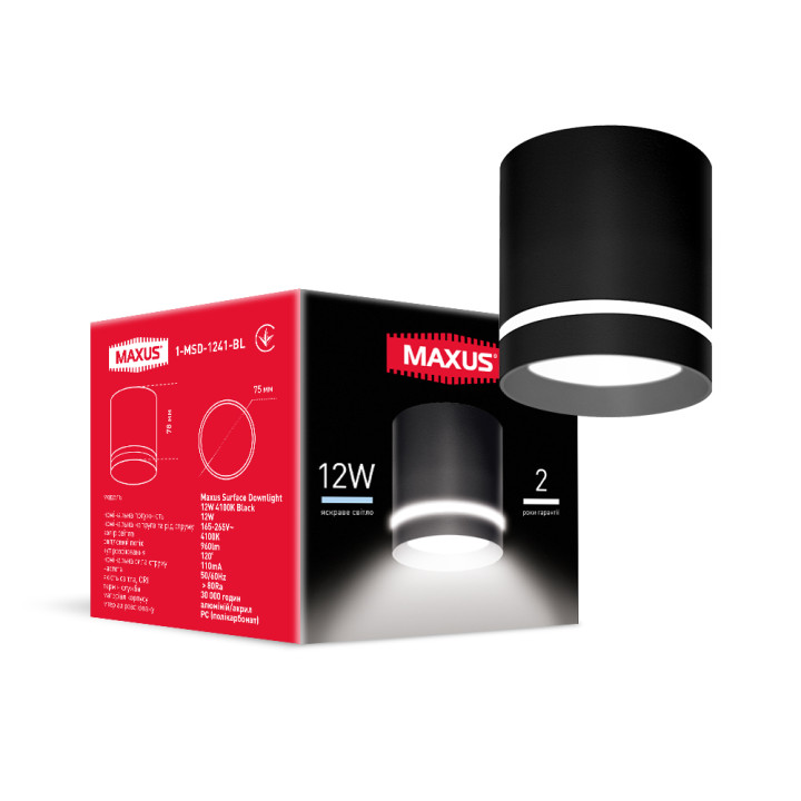 Світильник світлодіодний Maxus Surface Downlight 12W 4100K Black · MAXUS · 1-MSD-1241-BL
