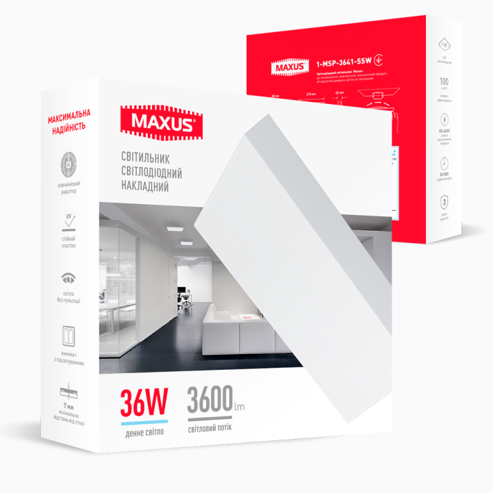 Накладний настінно-стельовий світлодіодний світильник 1-MSP-3641-SSW MAXUS SP Ceiling 36W 4100K Square Slim White · MAXUS · 1-MSP-3641-SSW