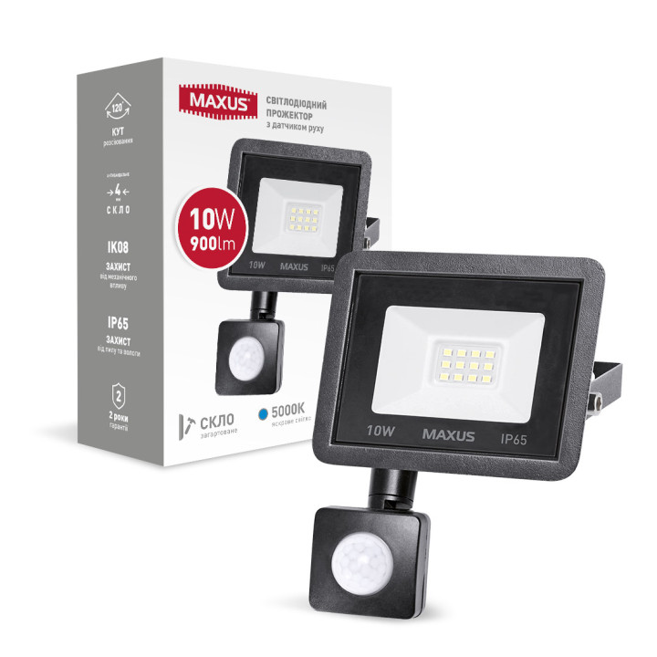 Світлодіодний прожектор з датчиком руху MAXUS FL-04 10W 5000K sensor · MAXUS · 1-MFL-04-1050s