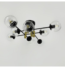 Люстра стельова в чорному корпусі на 8 прозорих плафонів із латунною фурнітурою