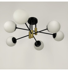 Люстра стельова в чорному корпусі на 6 білих плафонів із латунною фурнітурою