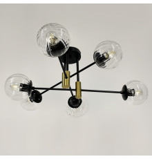 Люстра стельова в чорному корпусі на 6 прозорих плафонів із латунною фурнітурою