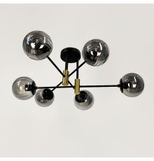 Люстра стельова в чорному корпусі на 6 графітових плафонів із латунною фурнітурою