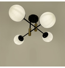 Люстра стельова в чорному корпусі на 4 білих плафони із латунною фурнітурою