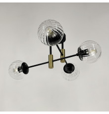 Люстра стельова в чорному корпусі на 4 прозорих плафони із латунною фурнітурою