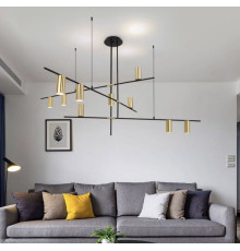 Лінійна підвісна люстра на 9 плафонів-спотів кольору латунь