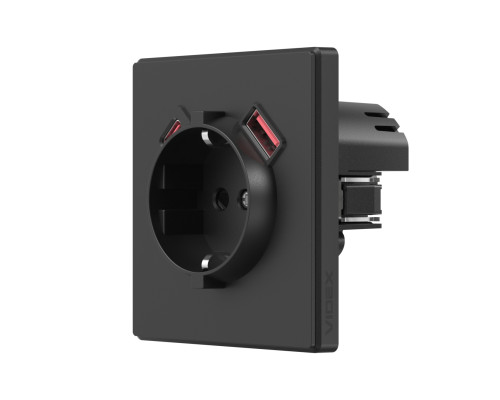 Розетка одинарна із заземленням USB-A+C 20W вугільно-чорна VIDEX NOTA (VF-NT-SK1GUC-BL)