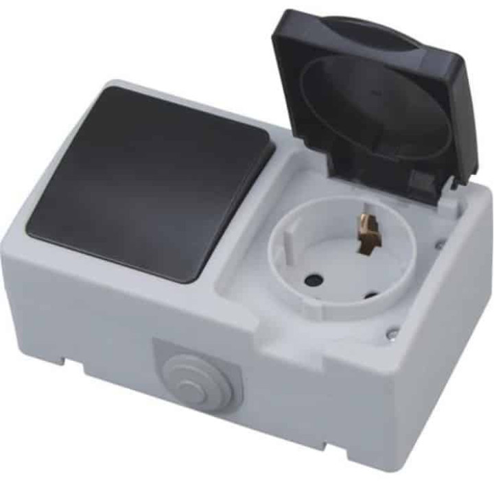 Розетка з заземленням з кришкою + вимикач ATOM · HOROZ ELECTRIC · 11823