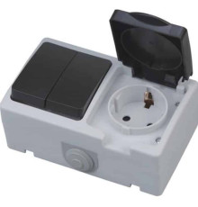 Розетка з заземленням з кришкою + вимикач двоклавішний ATOM